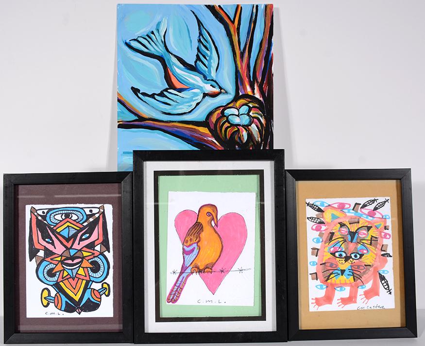 Laster Family. Cat, Birds & Abstract.: Laster Family. Cat, Birds & Abstract. 2017-18. Signed and dated. Marker on paper. Great condition. Largest is 8” x 11”. Proceeds to benefit The Paradise Garden Foundation. Est. $50-100. Sh