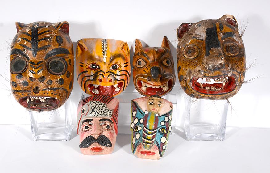 Six Central America Masks.: Six Central America Masks. Carved and painted wood with mixed media. All in fair to good condition. Largest is 8” x 13”. Proceeds to benefit The Paradise Garden Foundation. Est. $100-300. 