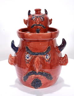 Jerry Brown. Red Devil Cookie Jar with Devil Lid.: Jerry Brown (1942- 2016 - AL).Red Devil Cookie Jar with Devil Face Lid.1993. Signed and dated.Mint condition. 12” h.Provenance: Georgine and Jack Clarke.Est. $200-400. Ship: $55