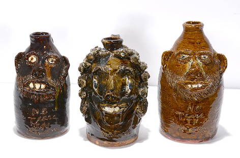 Marie Rogers. Three Face Jugs.: Marie Rogers (1922-2010)Three Face Jugs.Signed. Not dated.One is titled, “Medusa.”Two are titled, “No tears In Heaven.”Mint condition.Average size is 9”&#8200;h.Est. $600-900. Ship:&#8200;$6