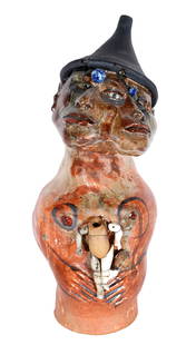 Peter Lenzo. Court Date Jug.: Peter Lenzo (b. 1955).Court Date Jug.2008. Signed, dated and titled.Studio clay, mixed glazes.Mint condition. 15.5” h. Note: This is Peter Lenzo's Court Date jug--it is an extremely important