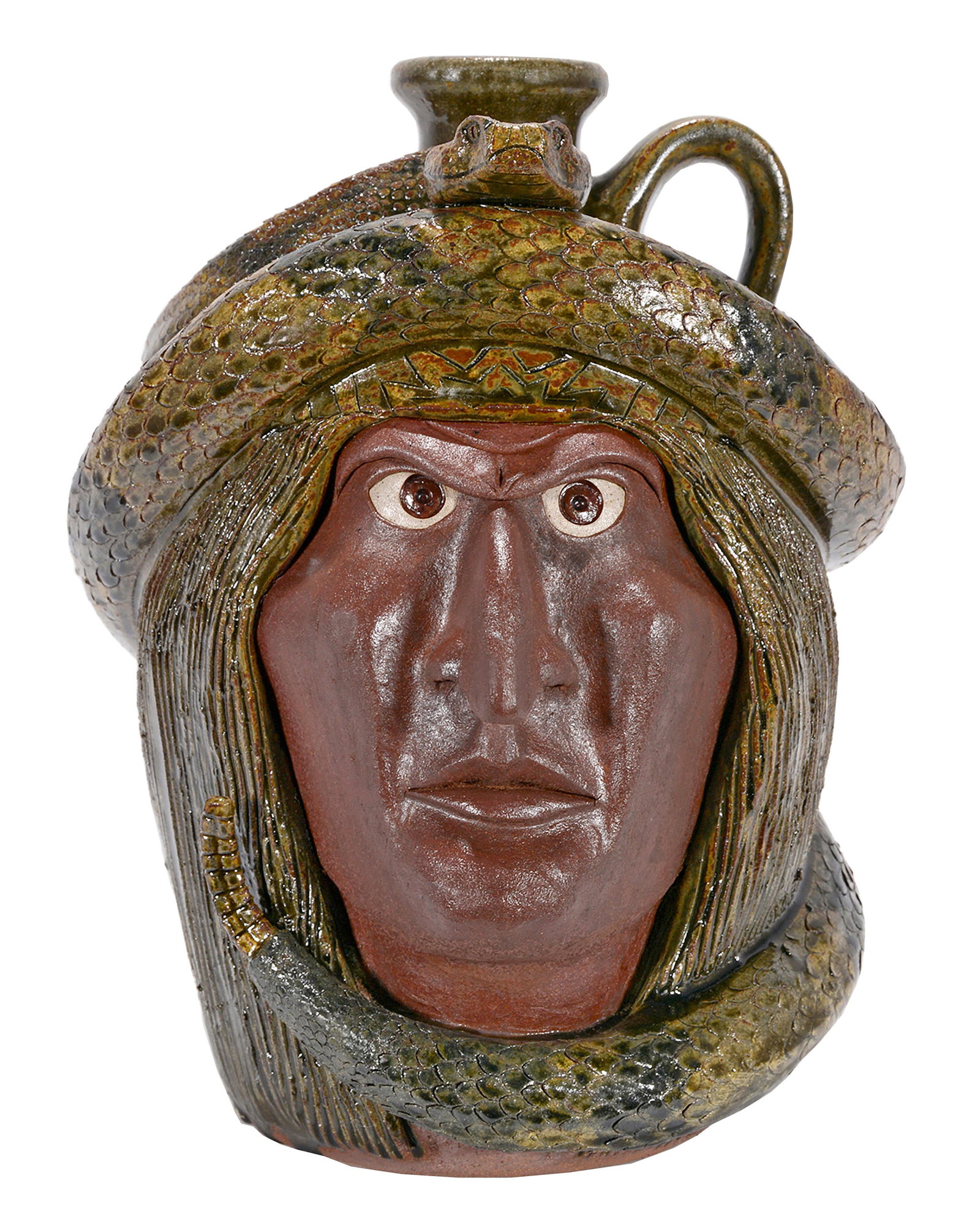 Michael & Melvin Crocker. Indian Chief With Snake.: Michael & Melvin Crocker. Indian Chief With Closed Mouth Rattlesnake. 1992. Signed and dated. Mint condition. 11.5” h. Est. $600-900. Ship: $75