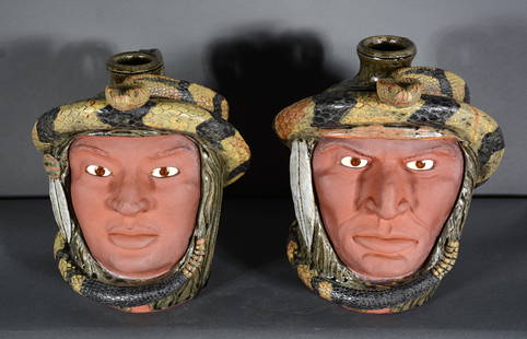 Melvin & Dwayne Crocker. Indian Prince & Princess.: Melvin and Dwayne Crocker.Indian Prince and Princess Face Jugs With Rattlesnakes.2000. #6. Signed, dated and numbered.Both are in mint condition.Average size is 11”&#8200;h.Est. $800-1,200. Ship: $1