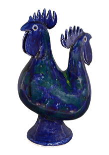 Edwin Meaders. 2 Headed Cobalt Rooster.: Edwin 'Nub' Meaders (1921-2015)Two Headed Cobalt Blue Rooster With Green Glaze Drips.1989. Signed and dated.Mint condition.15” h.Est. $1,000-2,000. Ship: $85