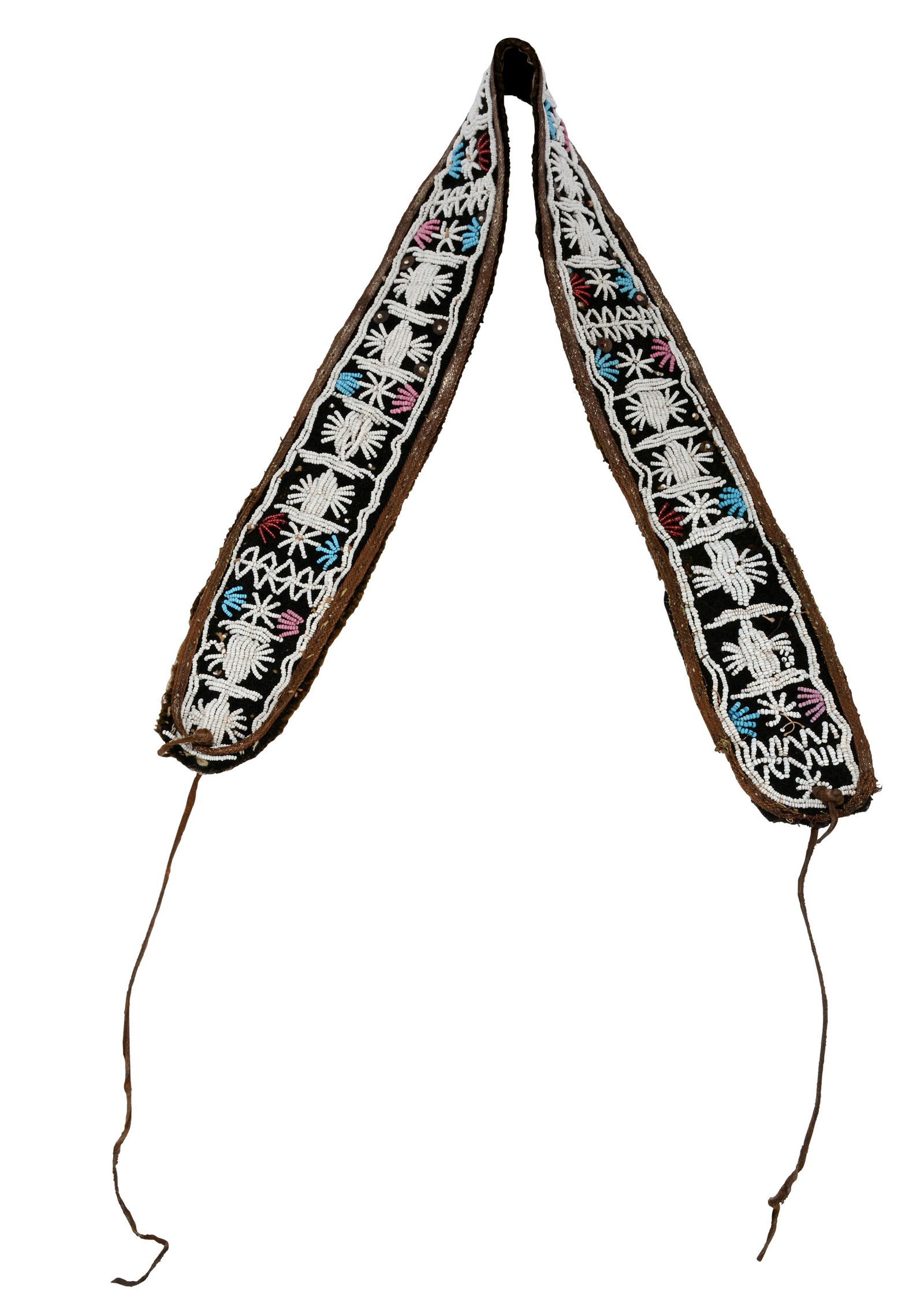 Cherokee Beaded Strap for Powderhorn or Knife Case.: Cherokee Beaded Work.Rare Heavily Beaded Neck Collar Strap for Powderhorn or knife case.c. 1900.Beads, felt, old sequins on Army uniform cloth and leather tassel.Great condition.26Â” long (be