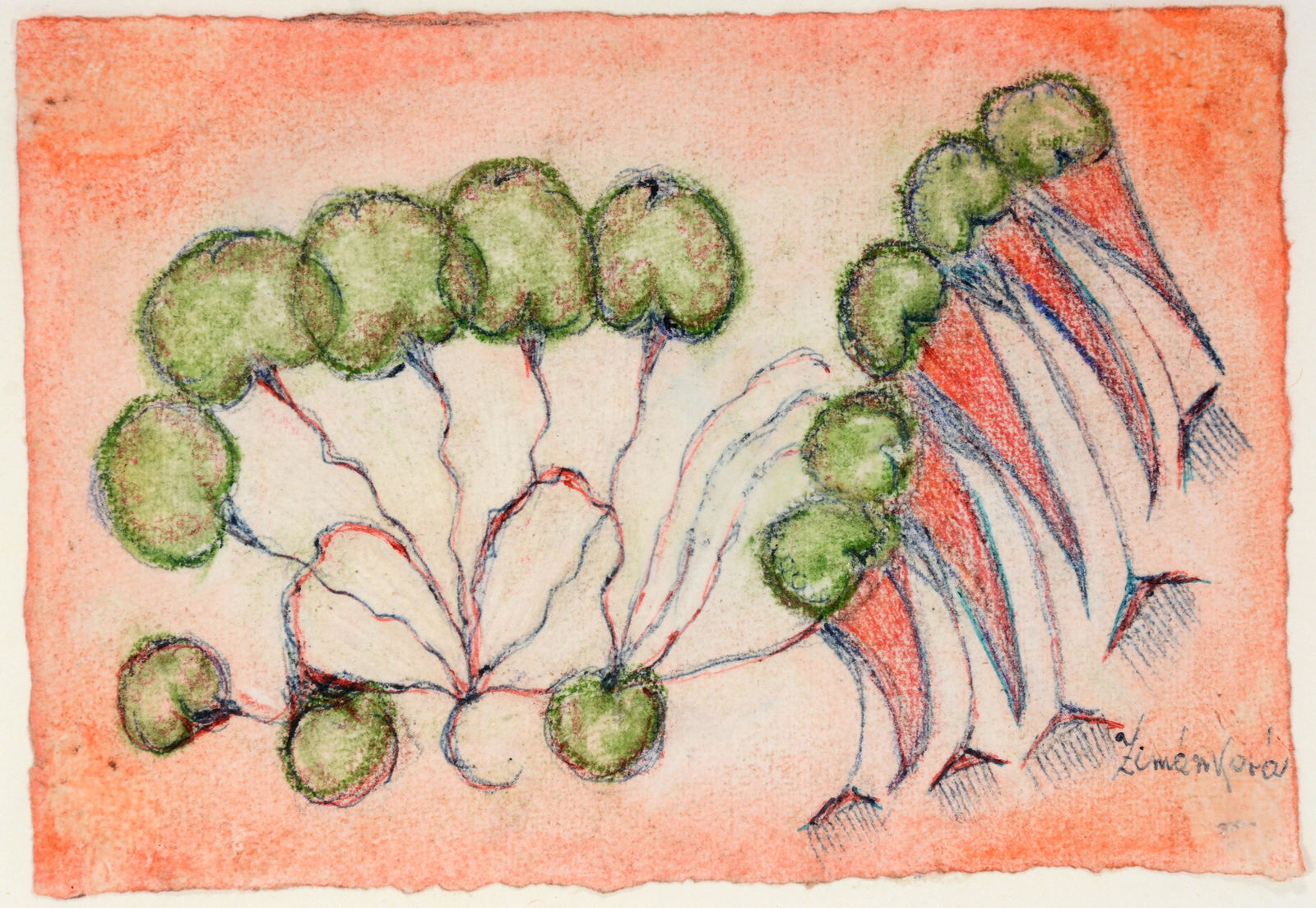 Anna Zemankova. Untitled (Plant).: Anna Zemankova. (1908-1986)Untitled (Plant).c. 1970’s. Signed.Embossed pastel on paper.Excellent condition.Image is 6” w x 4” h.Frame is 13” w x 11” h.Provenance: Cavin-Morris Gallery.