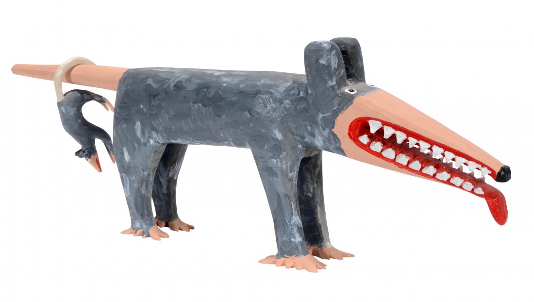Minnie & Garland Adkins. Possum With Baby.: Minnie & Garland Adkins. (b. 1934) - Kentucky Carver. Medium Size Possum With Baby. 1996. Signed and dated. Carved and painted wood. Excellent condition. 23” long x 8” h x 3” w