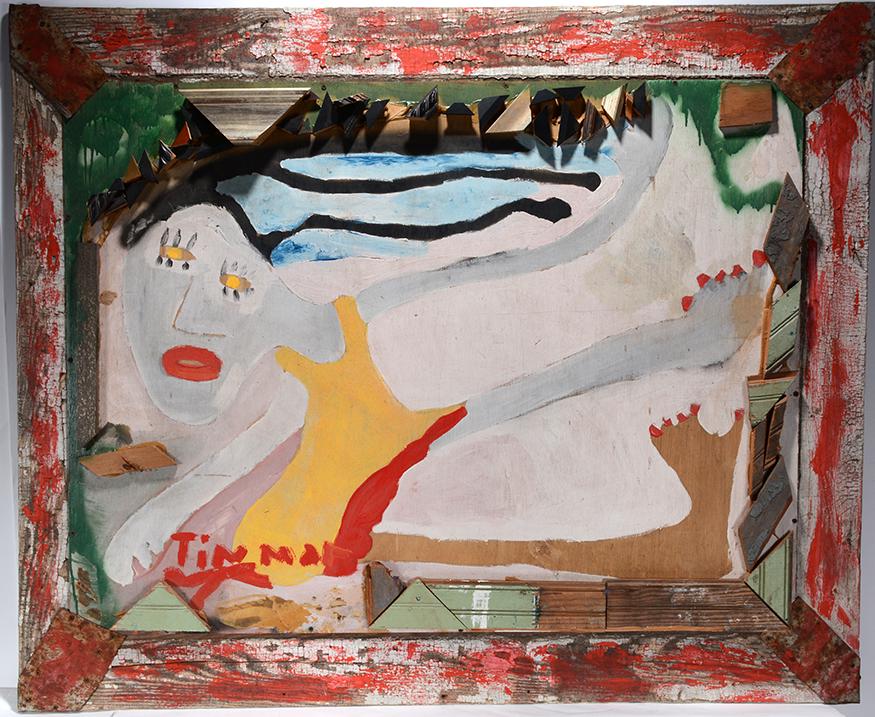 Charlie Lucas. Girl Stretching Her Legs.: Charlie Lucas. (b. 1951 - Alabama) Little Girl Stretching Her Legs. Signed and titled. Paint, metal and mixed media on large board. Minor loss on frame, otherwise excellent condition. 56” w x 46”&