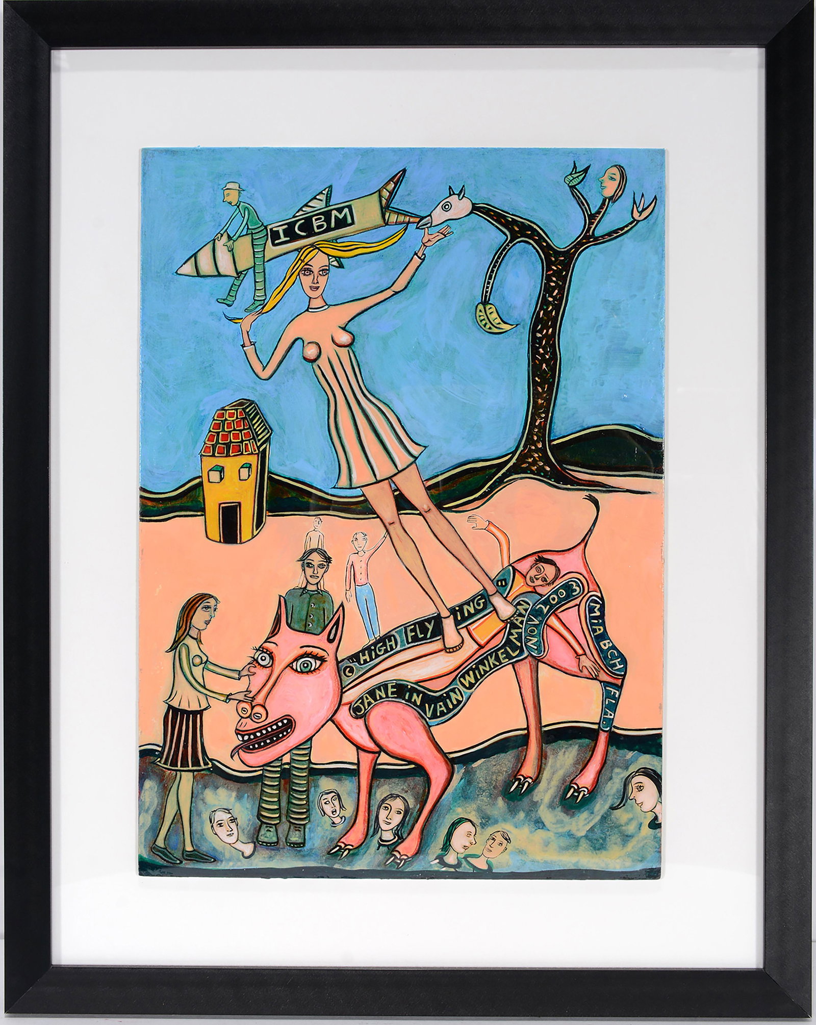 Jane ‘In Vain’ Winkelman. High Flying.: Jane Â‘In VainÂ’ Winkelman. (1949-2012). High Flying. 2003. Paint and ink on board. 10Â” w x 13.5Â” h. Frame is 15.5Â” w x 19Â” h. Proceeds from this sale will bene