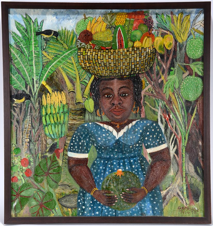 Gregory. Caribbean Woman Basket.: Gregory, Jamaica/ Caribbean. Caribbean Woman With Fruit Basket On Her Head. c. 20th century. Signed and numbered, 191495, lower right (the reason for this numbering is unknown). Oil on heavy textured 
