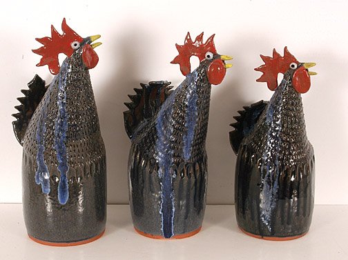 Tim Flynn. Blue Rooster Jug Trio.: Roosters are graduated in height. The tallest is 16" h. All are in mint condition. Est. $200-300. Ship: $65