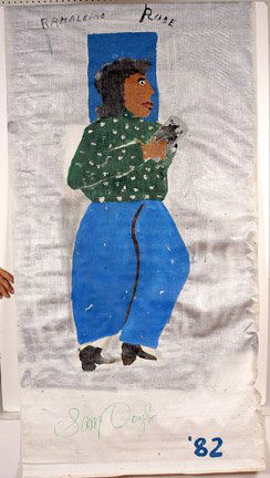 Sam Doyle. Rambleing Rose.: Oil on window shade. Signed and dated, 1982. Two tears, both at Rose's hand where a can was originally attached. Also some small tears at lower right edge by date. 35" x 72". Provenance: Dr. Regenia P