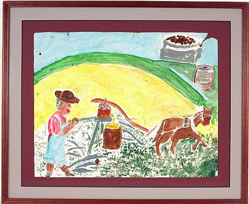 Sam Doyle. Cornmeal.: c. 1982. Watercolor on paper. Original condition problems. Paper has various tears, nail holes, small rips. Signed in pencil. Image is 17" x 13.5". Nicely framed. Est. $1,000-3,000. Ship: $35