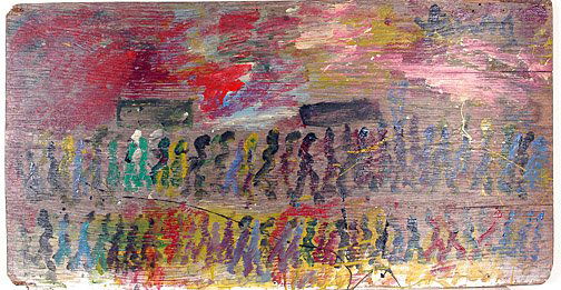 Purvis Young. Crowd.: Paint on wooden board. 50.5" x 27". Est. $1,000-2,000. Ship: $100