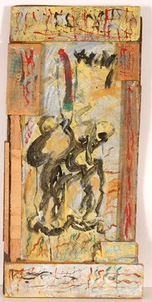 264. Purvis Young. Crown: Crown in Yellow and Black. Signed. Paint on wood. 16" x 34". Artist's wood scrap frame. Excellent condition. Est. $200-400. Ship: $45