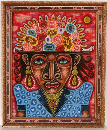 Rex Clawson. Woman with Elaborate Hat.: Enamel on masonite. Signed on front and dated, 1999 on back. 22" x 26.5" including artist's decorated frame. Est. $1,000-3,000. Ship: $45