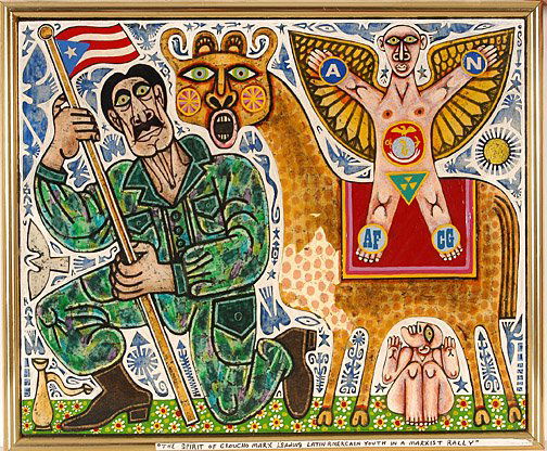 Rex Clawson. Spirit of Groucho.: The Spirit of Groucho Marx Leading Latin American Youth In Marxist Rally. Oil on board. 18.5" x 15.5" including frame. Fair condition. The old varnish is starting to peel off. Est. $800-1,200. Ship: $