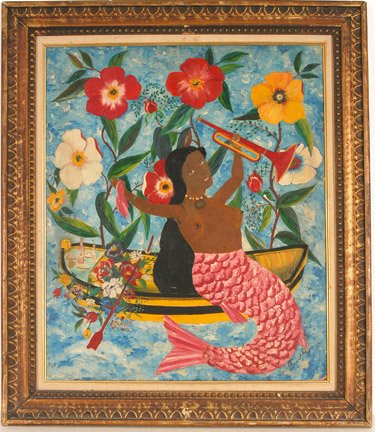 Fernand Pierre. Mermaid.: Oil on masonite. 20" x 24". Frame is 25.5" x 29.5". Small chip in masonite in lower right corner. Est. $1,000-2,000. Ship: $45