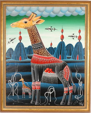 Erich Staub. Mother & Baby Giraffe.: 1970. Oil on canvas. 35.5" x 44" including frame. Est. $1,000-3,000. Ship: $65