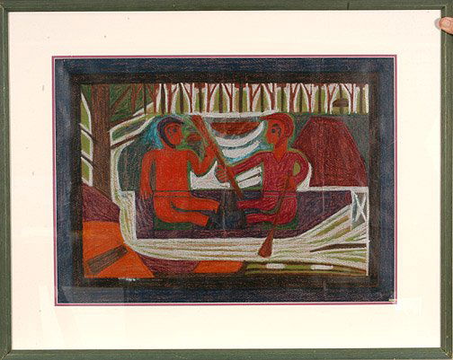 Eddie Arning. 2 Men In a Boat.: Craypas on paper. Image is 22" x 15.5". Frame is 29.5" x 23.5". Excellent condition. Provenance: The Webb Gallery, TX. Est. $2,000-3,000. Ship: $45