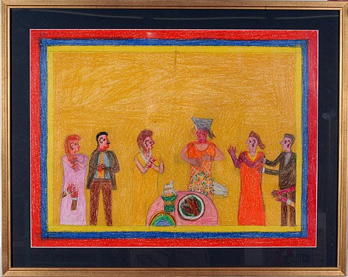 Eddie Arning. 6 Figures on Yellow.: Craypas on paper. Image is 26" x 20". Frame is 31" x 24.5". Excellent condition. Est. $1,000-2,000. Ship: $45