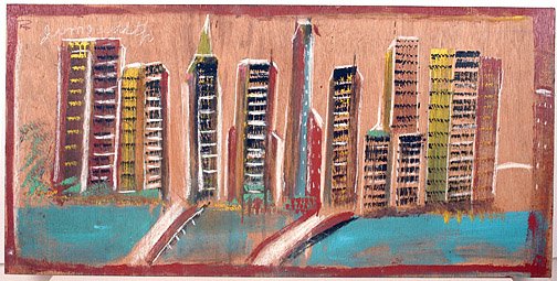 Jimmy Lee Sudduth. City Skyline.: Paint and mud on wooden board. 48" x 24". Provenance: Dr. Kurt Gitter. Est. $1,000-1,500 Ship: $75