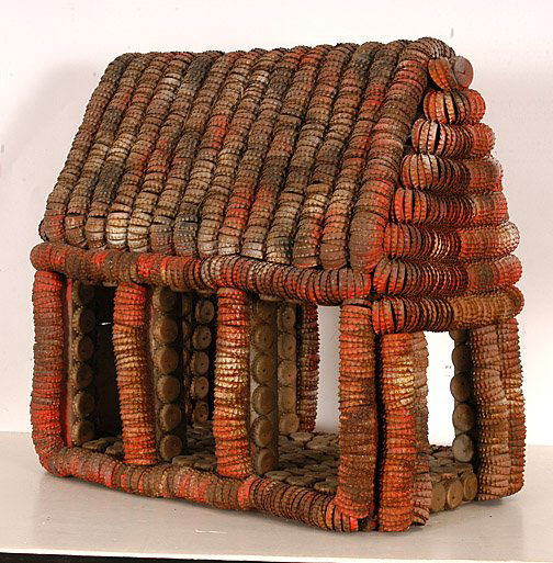 Clarence Woolsey. House.: Paint on bottlecap and wood construction. Excellent condition. 19" x 11" x 18". Provenance: Shelley Zegart. Est. $500-1,000. Ship: $75