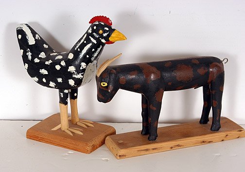 Ernest Patton. Farm Animals.: Carved and painted wood. Both are signed. Chicken is 4" x 5.5"x 9.5". Goat is missing part of one horn and the the other horn appears to have been repaired. Est. $100-200. Ship: $45