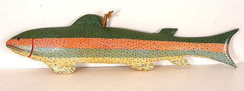 Miles Smith. Rainbow Trout.: Carved and painted wood. 36" x 9" x 3". Minor paint scuffs on back. Est. $300-500. Ship: $45