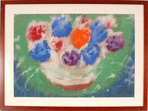 Sybil Gibson. Bowl of Flowers.: Tempra on paper bag. Signed and dated, 1986. 24" x 17". Frame is 28.5" x 21". Excellent condition. Strong early work with vibrant colors. Est. $2,000-4,000. Ship: $40