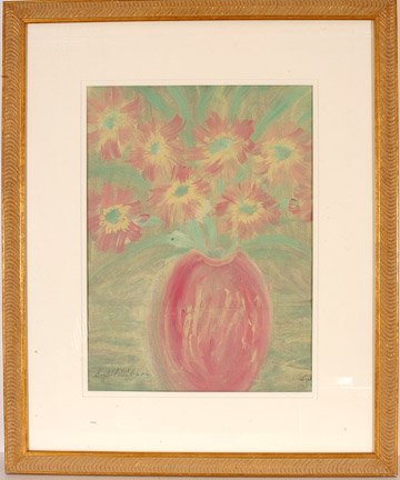 Sybil Gibson. Pink & Yellow Flowers.: Tempra on paper. Signed. 14" x 19". Frame is 24.5" x 29.5". Excellent condition. Est. $2,000-4,000. Ship: $40