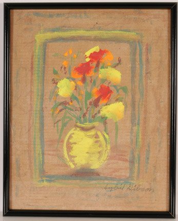 Sybil Gibson. Flowers In Yellow Vase.: Paint on cardboard. Image is 16" x 20". Frame is 17" x 21". Signed on front. Excellent condition. Est. $800-1,200. Ship: $35