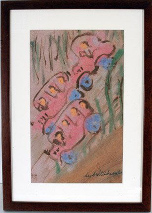 Sybil Gibson. Pink Cars.: Tempra on paper. c. 1960. Signed. 9" x 14.5". Frame is 13.5" x 18.5". Very early work. Excellent condition. Est. $2,000-3,000. Ship: $35