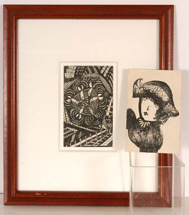 Madge Gill. Untitled Abstract.: Pair of small drawings. Ink on paper cards. Excellent condition. Both images are 3.25" x 5.5". Abstract's frame is 11.5" x 13.5". Est. $200-400. Ship: $35