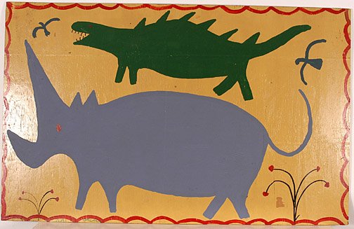 R.A. Miller. Dinosaurs.: Enamel on board. Signed. 48" x 30". Prov.: The Wenstrup Collection. Est. $300-500. Ship: $85