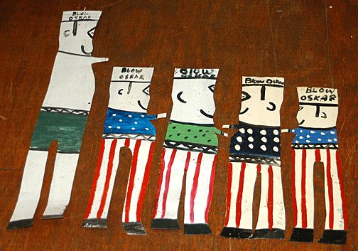R.A. Miller. Five Blow Oskars.: Paint on cutout tin. The tallest is 47" x 10". Very good condition. Some minor bends and paint scuffs. Est. $300-500. Ship: $55