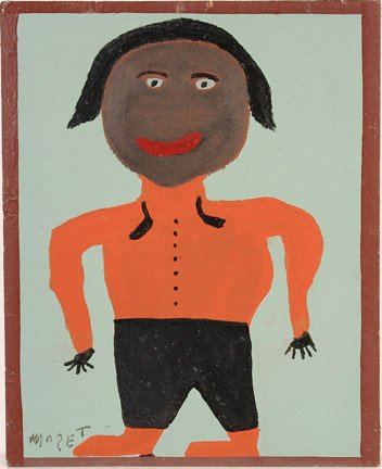 Mose Tolliver. Man in Orange.: Paint on masonite. 14.5" x 18". Provenance: Cotton Belt Gallery, AL. Est. $300-500. Ship: $30