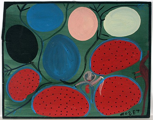 Mose Tolliver. Worried About Willie Mae.: Mose In the Watermelon Patch Worried About Willie Mae. Paint on wooden board. Signed on back. 35" x 28". Excellent condition. Est. $1,000-1,500. Ship: $45