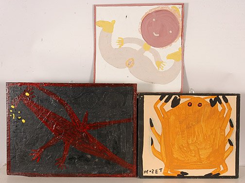 Mose Tolliver. 3 Paintings.: Paint on wood and masonite. One is signed. 16.5" x 12", 12" x 12", 13" x 11". Est. $200-300. Ship: $35