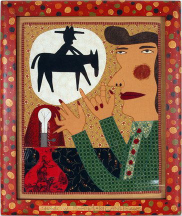 Chris Roberts Antieau. Shadow Puppet.: Fabric collage. Signed on frame. 22" x 25.5" including artist decorated frame. Excellent condition. Est. $500-800. Ship: $45