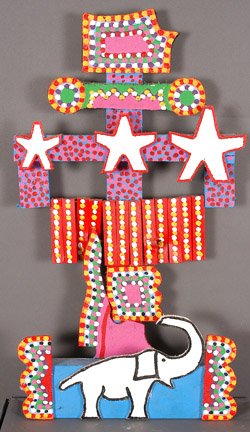 James Harold Jennings. Art World.: Art World With Elephant. Painted wood construction. 25" x 13" x 3". Est. $200-400. Ship: $35