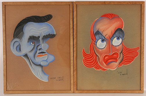 Wheeler. O'Neil & Crawford Caricatures.: Eugene O'Neil & Joan Crawford. Pair of caricatures. Pastel on paper in original frames. c. 1932. Each is 19.25" x 25". Excellent condition. Est. $300-500. Ship: $40
