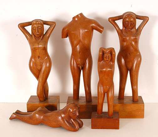 Ben Ventina. 5 Carved Nudes.: California man who claims to have been abducted by Aliens who taught him how to carve. Five Carved Nudes. Carved redwood. Largest (headless man) is 4" x 3" x 13" h. All are in excellent condition. Est