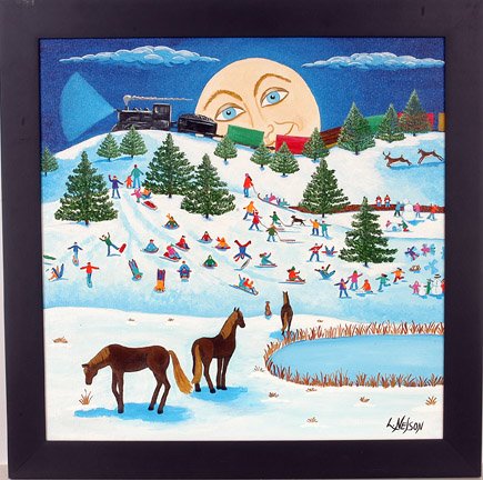 Lisa Nelson. Winter Frolics.: Oil on canvas. 24" x 24". Frame 28.5" x 28.5". Est. $300-500. Ship: $40