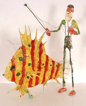 Danny "Bucketman" Hoskinson. Fisherman & Fish.: Paint on melted plastic with metal wire. Man stands 20.5" h. Fish is 19.5" x 16". Est. $200-300. Ship: $40 *The artist is incorrectly listed as Donnie Hoss in the catalog.