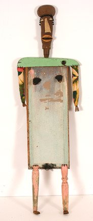 D.B. Nude Woman.: Wood body, hands and feet. Fabric covered wood head. Fabric arms and breasts. Metal hat, buttons for hair, coiled wire pubic hair. 48" x 14.5" x 2.5". A finely crafted work of art. Initialed and dated