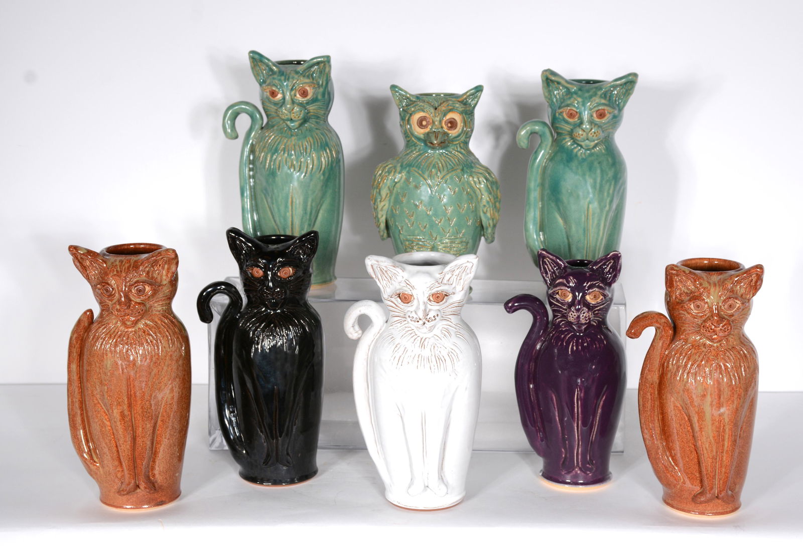 Sandy Cole N. Cole Pottery. 7 Cats & Owl. (1 of 9)