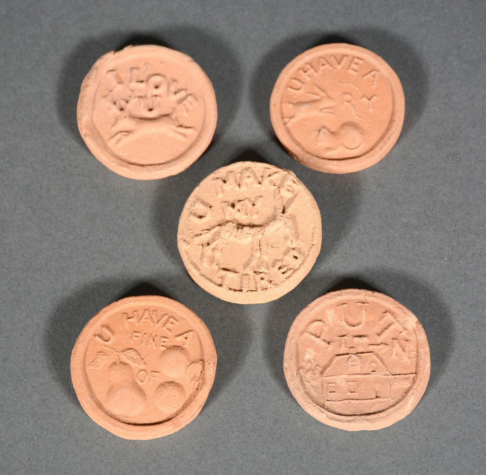 George Ohr. 5 Whore House Tokens. (1 of 8)