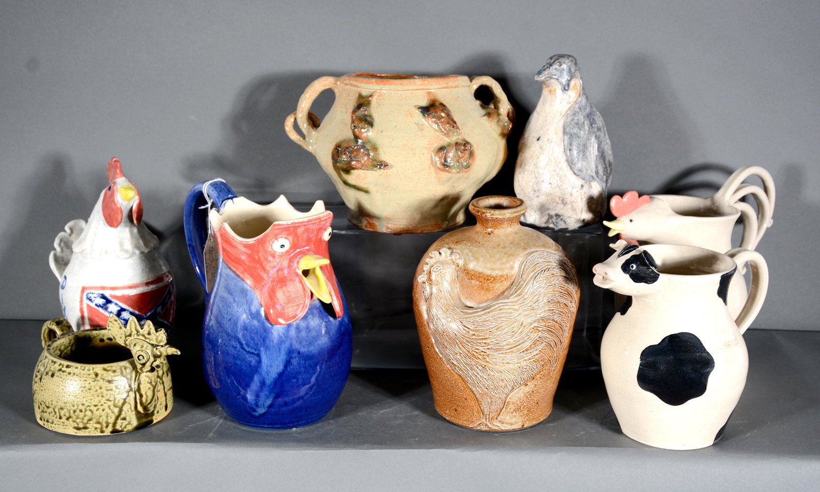 8 Birds and Animal Pottery Works.: P. Meaders, Norris, Hanning, Turpin, Cagle. 8 Birds & Animal Pottery Works. Signed. All in excellent condition. 7" h average. Est. $100-200. Ship: $200