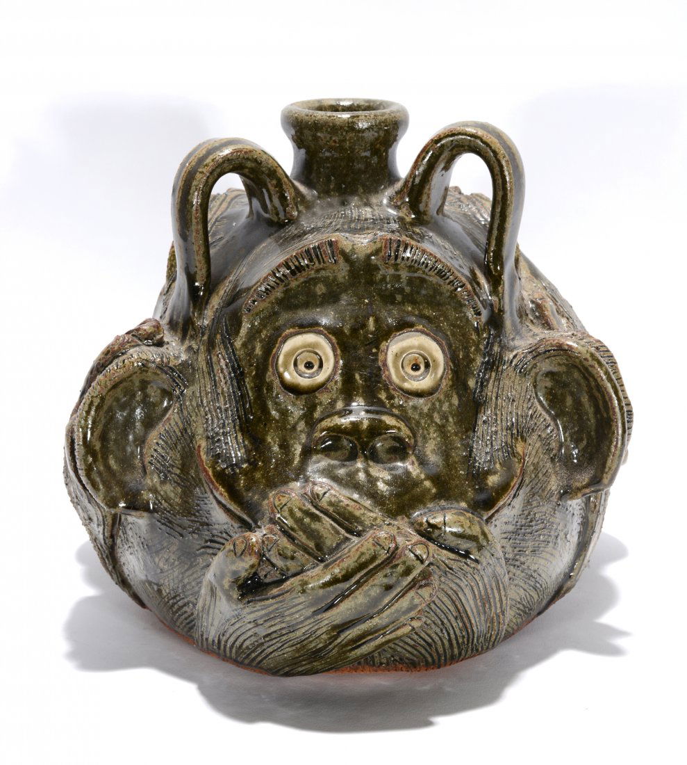 Michael & Melvin Crocker. Hear, See, Speak No Evil.: Michael & Melvin Crocker. Hear No, See No, Speak No Evil. 1995. #5. Signed, dated and numbered. Triple rock tooth face jug. 9" h. Est. $200-400. Ship: $55
